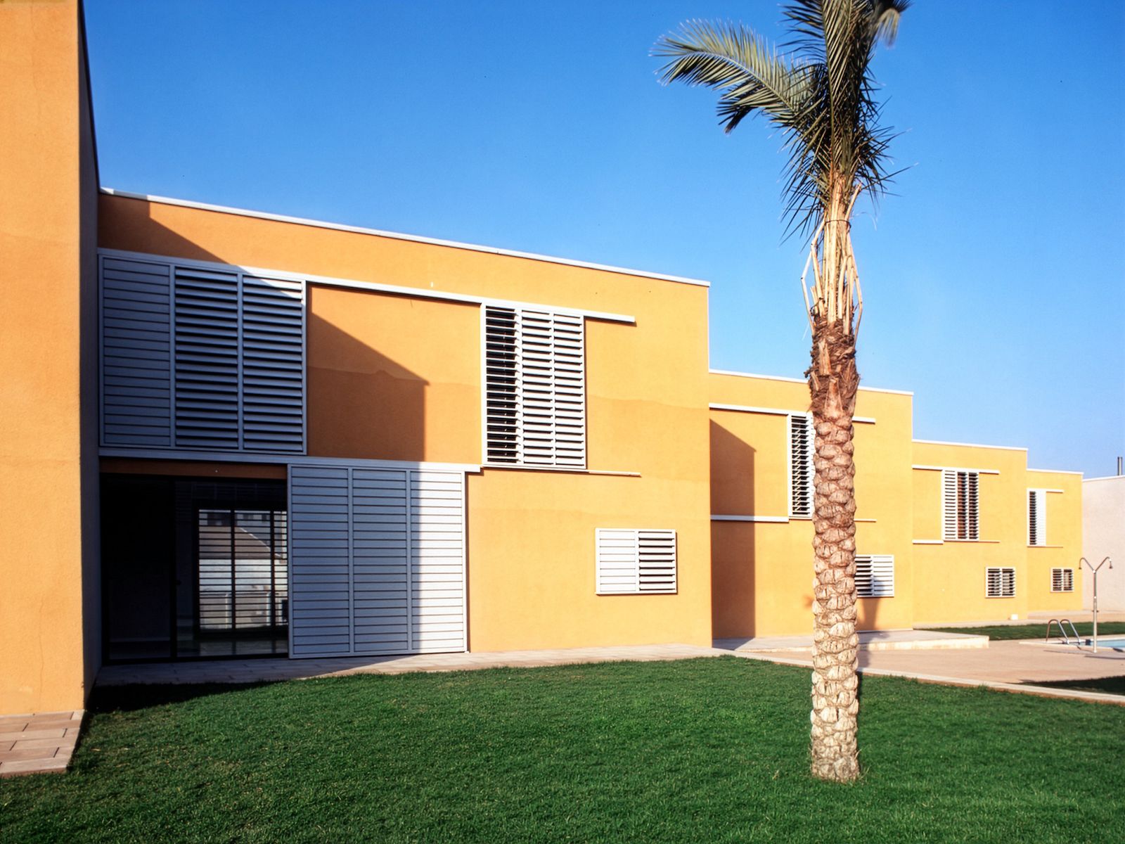 Un conjunto de edificios modernos de techo plano con fachadas amarillas y grandes ventanas con lamas, con un cielo azul brillante y una palmera en primer plano.